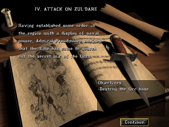 Im Gegensatz zu Command & Conquer, das voll auf Render-Zwischensequenzen mit B-Movie-Charme setzt, sind die Missions-Briefings in Warcraft 2 eher nüchtern gehalten. Die Texte werden jedoch enthusiastisch vorgelesen. (Bild: Blizzard Entertainment / Screenshot: Medienagentur Plassma)